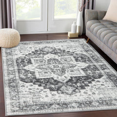 GARVEE Area Rug 5x7 Vintage Vintage Rug Vintage Area Rug Indoor Floor Cover Print Carpet Distressed Machine Washable Foldable Accent Rug for Bedroom Living Room, 5’x7’, Grey