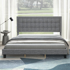 GARVEE King Size Platform Bed Frame, Upholstered Button Tufted Headboard, Metal Foundation, Wood Slats, Adjustable, Noise-Free, Light Grey