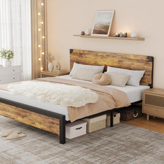 GARVEE King Bed Frame, Platform King Size Bed Frame with Wood Headboard, Metal King Bed Frame with Under Bed Storage and Support Legs, Noise Free, No Box Spring Needed, Easy Assembly-Rustic Brown