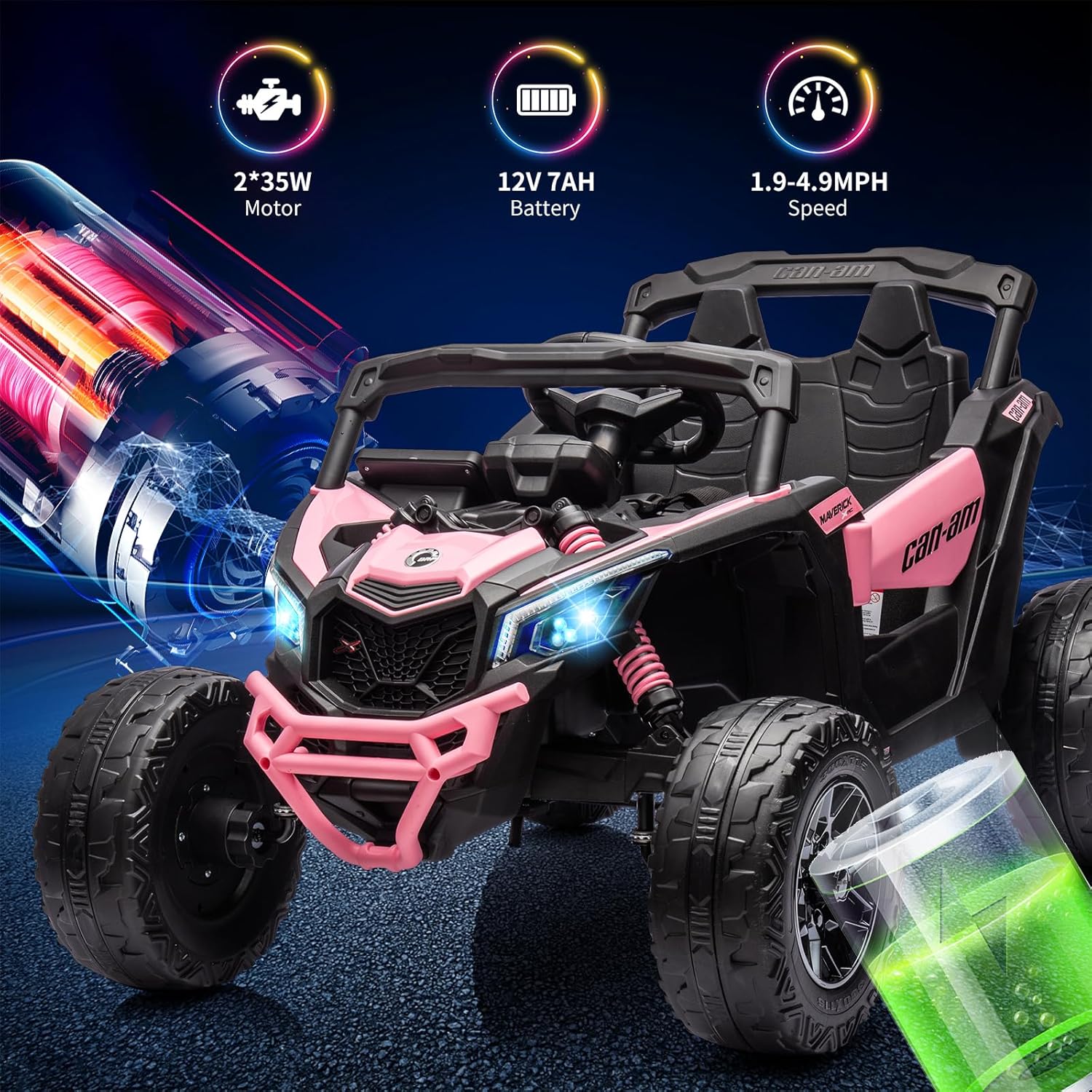 GARVEE 12V Can-Am Ride-On UTV: Remote Control, Large Seat, Music, LED Lights, Spring Suspension, for Boys & Girls - Pink