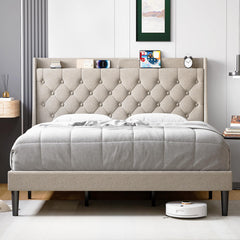 GARVEE Full Size Bed Frame with Charging Station and Wingback Storage Headboard, Button Tufted Upholstered Platform Bed with Adjustable Headboard, No Box Spring Needed, Noise-Free, Easy Assembly, Beige