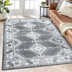 GARVEE Area Rug Living Room Rugs 8x10 Large Machine Washable Boho Carpets Moroccan Diamond Washable Rug Non Slip Non Shedding Low Pile Rug for Laundry Bedroom Living Room, Grey