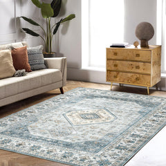 GARVEE Large Living Room Area Rug 9x12 Indoor Stain Resistant Area Rug Vintage Area Rug Rug Low Pile Non Slip Area Rug for Living Room Bedroom, 9' x 12' Blue