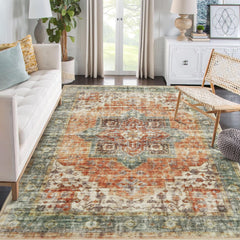 GARVEE Area Rug 9x12 Non-Slip Vintage Low Pile Rugs Washable Rug Indoor Floor Cover Print Distressed Carpet Non-Shedding Oriental Area Rug for Living Room Bedroom, 9’x12’, Brown