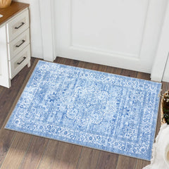 GARVEE Washable Area Rug Vintage Distressed Entryway Rug Doormat Stain Resistant Non-Slip Accent Rug Retro Medallion Floral Floor Carpet for Front Entrance Kitchen Bathroom, Blue, 2' x 3'