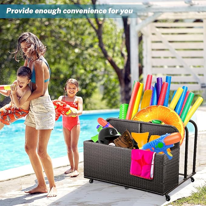 GARVEE Patio Poolside Float Storage Basket with Wheels, Outdoor Wicker Poolside Float Storage, Pool Storage Organizer, PE Rattan Outdoor Rolling Pool Caddy for Floaties, Life Vests, Beach Balls, Toys