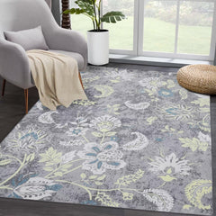 GARVEE Washable Floral Area Rug 5x7 - Modern Botanical Design, Non-Slip TPR Backing, Low Pile Polyester, Easy Care, Grey/Multi