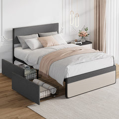 GARVEE Full Size Upholstered Bed Frame with 2 Storage Drawers, Steel Slats, Linen Fabric, Noise-Free, Ideal for Small Rooms