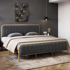 GARVEE Queen Gold Platform Bed Frame + Velvet Tufted Upholstered Headboard + 10.2” Under Bed Storage + Durable Metal Mattress Foundation + Wood Slats Support + No Box Spring Needed + Grey