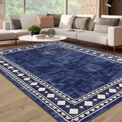 GARVEE Modern Rug 9x12 Large Geometric Bordered Area Rugs for Living Room Bedroom Low Pile Office Border Rug Minimalist Abstract Carpet Non Slip Farmhouse Area Rugs Blue