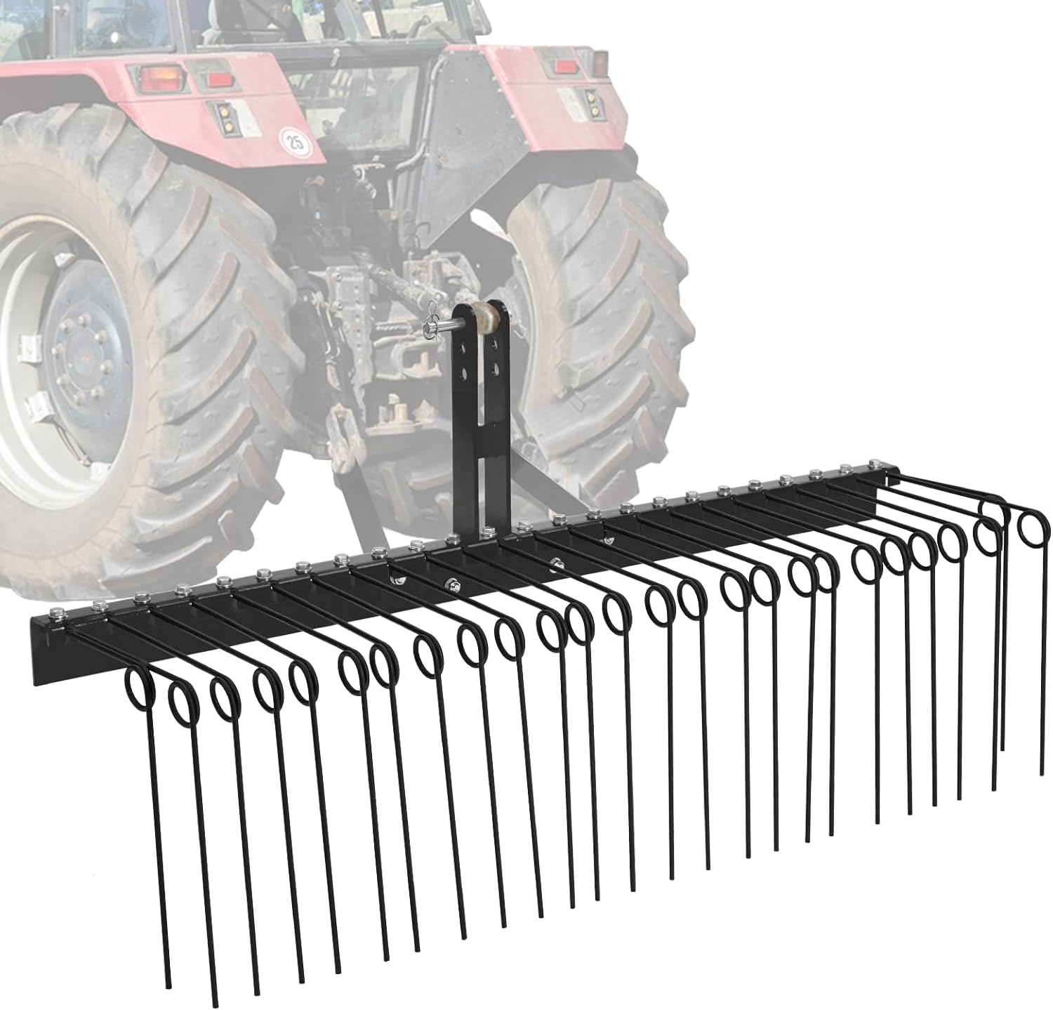 GARVEE 60 Inch Pine Straw Rake: 26 Coil Spring Tines, Fits Cat0 Cat1 Tractors