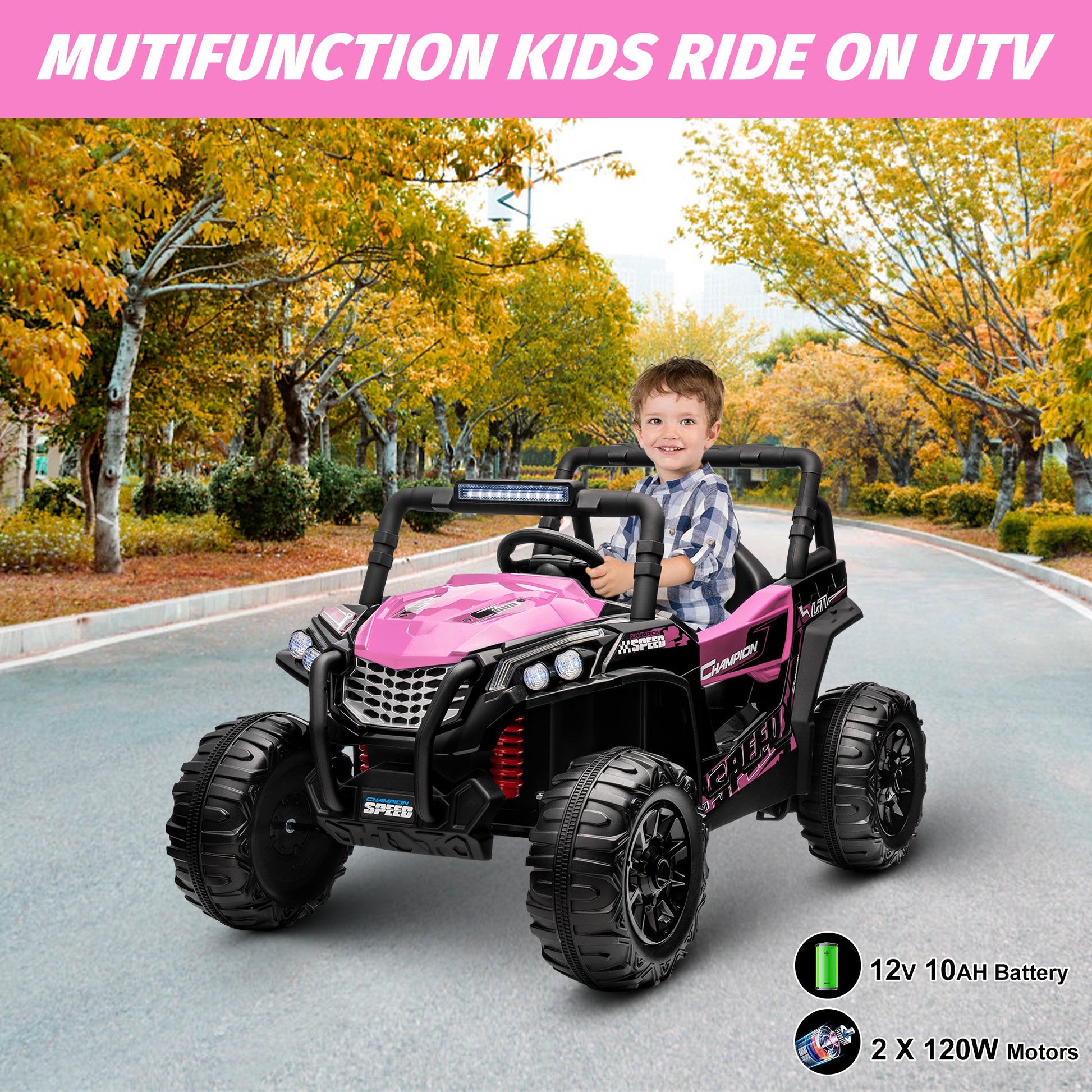 GARVEE Ride On Car for Kids, 12V Toy Electric Truck Utv with Large Wide Seat and Remote Control, Led Lights, Wireless Connection, Music, 2 Spring Suspension for 3-8 Boys & Girls