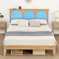 GARVEE Full Bed Frame with Natural Rattan Headboard + LED Lights + Storage + Strong Wood Slats Support + No Box Spring Needed + Easy Assembly + Suitable for Various Bedroom Styles