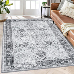 GARVEE Washable Area Rug 6x9 Rug Boho Vintage Rug Room Decor Non Slip Large Area Rug for Bedroom Floral Grey Rug Soft Faux Wool Stain Resistant Carpet for Office Nursery Dining Room 6'x9' Grey