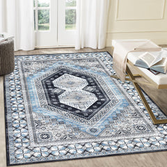 GARVEE Washable 5x7 Area Rugs for Bedroom Vintage Boho Bohemian Rug Ultra Soft Throw Rug Non Slip Indoor Floor Cover for Bedroom Dining Room, Blue/Grey