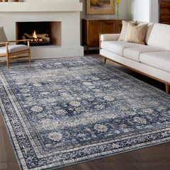 GARVEE Living Room Rugs 8x10 Large Vintage Floor Carpet with Non-Slip Backing, Machine Washable Oriental Distressed Area Rugs, Stain-Resistant Foldable Low Pile Rugs for Bedroom, Office, Blue