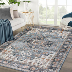 GARVEE Vintage Printed Eelam Area Rugs, 3x5 Low-Pile Stain Resistant Carpets, Non-Slip & Non-Shedding, Perfect for Living Room Bedroom Dining Room, Softness and Family & Pet Friendly, Blue Grey