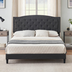 GARVEE Full Size Bed Frame with Button Tufted Headboard, Fabric Upholstered Platform Bed Frame with Adjustable Headboard, Mattress Foundation, Easy Assembly, No Box Spring Needed - Dark Grey / Full