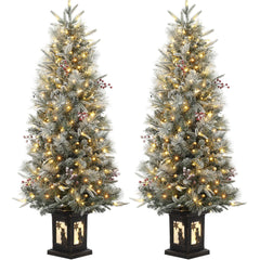 GARVEE 4.5ft Pre-Lit Snow Flocked Christmas Tree with 200 LED Lights, Artificial Potted Xmas Tree with 8 Lighting Modes, Faux Berries,Snowman Base, for Holiday Decor,2 Pack