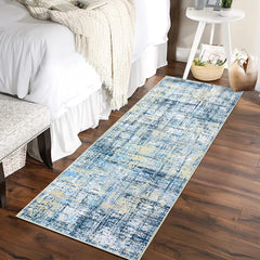 GARVEE Runner Rug 2x6 Abstract Sketch Distressed Rug Machine Washable Hallway Rug Non Slip Kitchen Rug Navy Multi Colorful Overdyed Thin Rug Contemporary Carpet for Bedroom Living Room, Blue+Yellow