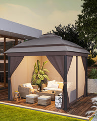 GARVEE 10x10 FT Brown Gazebo with Curtains, Steel Roof & Double Roof - Brown / 12x10ft