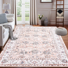 GARVEE 9x12 Area Rug Machine Washable Area Rug Vintage Distressed Accent Rug Traditional Floral Medallion Stain Resistant Non-Slip Floor Cover Carpet Rug for Living Room Home Decor, Pink