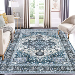 GARVEE Washable Rug 8x10 Large Area Rug Indoor Soft Medallion Rug Vintage Floral Throw Carpet Non-Slip Low Pile Accent Rug Traditional Non-Shedding Boho Rugs for Living Room Bedroom Home Office Blue