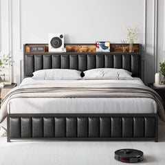 Garvee King Size Bed Frame with Shelf Headboard and Charging Station, Industrial Upholstered Platform Bed with Outlets, Heavy Duty Metal Slats Support, No Box Spring Needed, Easy Assembly, Leather Black (Black, King)