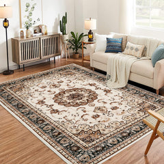 GARVEE Washable Vintage Area Rug - 3x5 Traditional Oriental Medallion Floral Design, Stain Resistant Indoor Print Carpet for Entryway Bedroom Living Room Office Kitchen, Kid & Pet Friendly, Beige