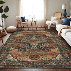 GARVEE Area Rugs, Machine Washable Vintage Printed Soft Low Pile Rugs, Oriental Accent Carpet with Non-Slip Backing, Stain-Resistant Distressed Floor Carpet for Living Room, Hallway, Laundry