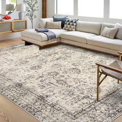 Garvee Vintage Rug 8x10 Washable Rug Tribal Floral Printed Rug Indoor Non-Slip Floor Cover Foldable Accent Rug Low Pile Non-Shedding Throw Carpet for Living Room Bedroom Nursery Office Antique Beige