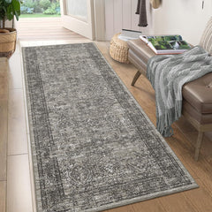 GARVEE Washable Runner Rug 2x6 Runner Vintage Rug Non Slip Kitchen Rugs Floral Distressed Indoor Entryway Rug Soft Bath Mat Stain Resistant Carpet for Hallway Laundry Bedroom 2'x6' Greyish Brown