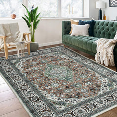 GARVEE Washable Rugs for Living Room 3x5 Rug Non Slip Vintage Medallion Design Boho Distressed Area Rug Floor Mat Low Pile Rugs for Bedroom Dining Room Laundry Nursery Rug Brown/Green 3'x5'