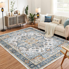 GARVEE Area Rug for Living Room, Machine Washable Vintage Rug Carpet for Bedroom Dinning Room, Distressed Area Rug Indoor Non Slip No Pile (Brown Blue, 9 x 12 Feet)