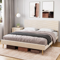 GARVEE Queen Size Bed Frame, Velvet Upholstered Platform Bed Frame, Wood Slat Support Bed Frame with Adjustable Height Headboard, No Box Spring Needed, Easy to Assemble, Noise Free, Beige