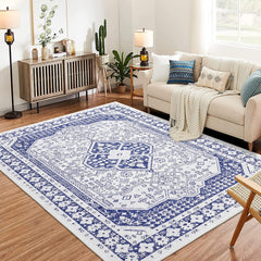 GARVEE Washable Area Rugs for Living Room, 5x7 Stain Resistant No Slip Large Area Rug, Ultra-Thin Vintage Moroccan Soft Carpet for Bedroom Dining Room, Dark Blue