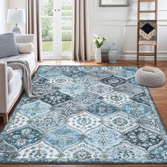 ROYHOME 10x13 Area Rug Extra Large Moroccan Trellis Machine Washable Rug Vintage Medallion Distressed Accent Rug Stain Resistant Non-Slip Floor Cover Carpet Rug for Living Room Bedroom, Blue/Grey