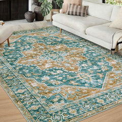 GARVEE Area Rug 5x7 Vintage Medallion Distressed Carpet for Living Room Indoor Soft Bedroom Rug Low Pile Washable Rug Non-Slip Backing Floor Cover Foldable Thin Rug Home Floor Decor Green