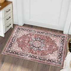 GARVEE Washable Area Rug Vintage Distressed Entryway Rug Doormat Stain Resistant Non-Slip Accent Rug Retro Medallion Floral Floor Carpet for Front Entrance Kitchen Bathroom, Brick Red, 2' x 3'