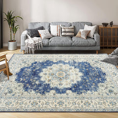 GARVEE Vintage Area Rugs, Boho Traditional Washable Rug Floral Print Carpet, Low Pile Non-Slip Rubber Backing Foldable Mat for Bedroom Dining Room Office Living Room, Blue, 9x12