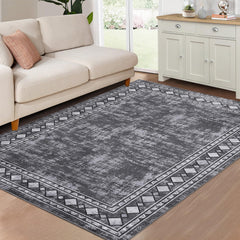 GARVEE Bedroom Rug 4x6 Washable Rug Geometric Bordered Area Rugs for Living Room Modern Office Floor Carpet Minimalist Abstract Area Rugs Low Pile Non Slip Grey