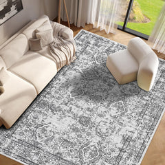 GARVEE Washable Rug 9x12 Area Rug for Bedroom Vintage Floral Living Room Rug Non Slip Large Area Rug Soft Non Shedding Throw Rugs Stain Resistant Carpet for Office Dining Room Nursery, Grey 9'x12'