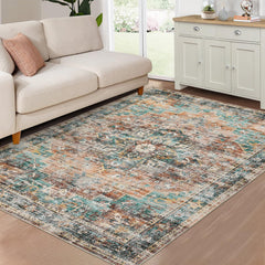 GARVEE Machine Washable Area Rug 5x7 Vintage Distressed Area Rug for Living Room Bedroom Traditional Medallion Floral Non-Slip Stain Resistant Accent Rug Carpet for Home Decor, Teal/Multi