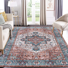 GARVEE Area Rugs for Living Room 9x12 Bedroom Rug Machine Washable Vintage Rug Boho Floral Distressed Rug Anti-Slip Low Pile Non-Shedding Throw Carpet for Nursery Office Oriental Accent Rug Orange