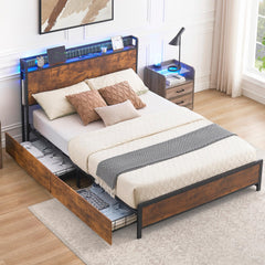 GARVEE Full Size Bed Frame with Storage Drawers, Charging Station, LED Light, Metal Platform, Wood Slats, No Box Spring, Bedroom