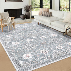 GARVEE Washable Rugs 10x13Extra Large  Rug for Living Room Bedroom Office Nursery Boho Vintage Area Rug Distressed Oriental Rug Low Pile Neutral Soft Rug Non Slip Farmhouse Floor Cover Dusty Blue