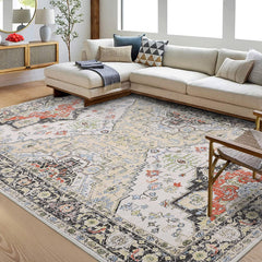 GarveeHome 8x10 Rug Washable Rug Boho Rug Soft Large Area Rug Non Slip Vintage Rug Indoor Low Pile Accent Rug Oriental Aesthetic Rug Throw Carpet for Living Room Bedroom Dining Room Office Beige