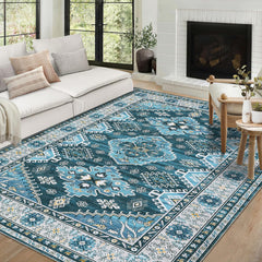 GARVEE Washable Area Rugs 4x6 Rug for Living Room Non Slip Bedroom Rug Vintage Tribal Rug Entryway Rug Blue Rug Chenille Low Pile Thin Carpet Stain Resistant Throw Rugs for Dining Room Blue 4'x6'