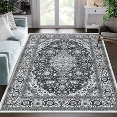 GARVEE Area Rug 9x12 Washable Rug for Living Room Non Slip Rug Vintage Medallion Area Rug Low Pile Distressed Rug Stain Resistant Carpet for Bedroom Dining Room, Black/Grey