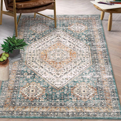 GARVEE Washable 9x12 Area Rugs, Large Vintage Rug Soft Throw Carpet for Bedroom Living Room Non Slip Low Pile Rugs Retro Accent Floor Carpet Distressed Floral Print Home Decor Rug for Dining Room,Green